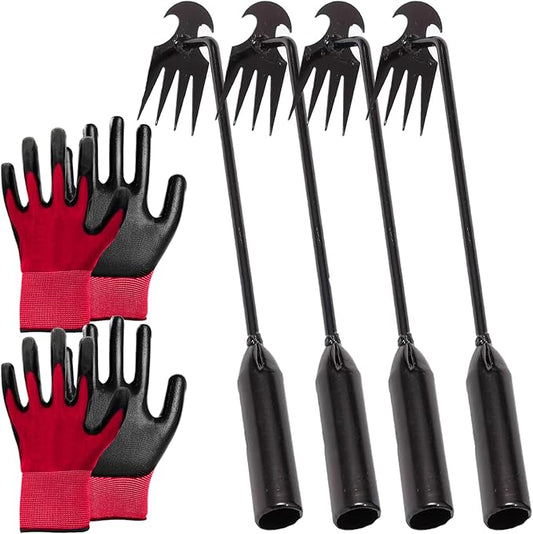 Stainless Weeding Artifact Uprooting Weeding Tool, Stainless Steel Forged Weed Puller 4 Teeth Dual Purpose Weeder, Hand Weeder Tool for Gardening with Long Handle (Black 4Pcs)