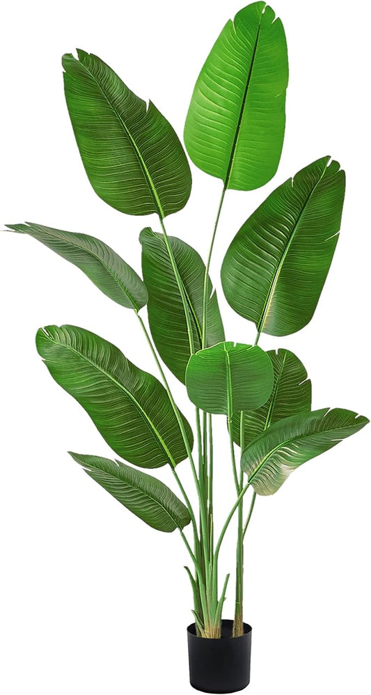 Lifelike Bird of Paradise Silk Artificial Plant Faux Banana Leaf Tree for Home Decor - Perfect Indoor Floor Plant with 9 Trunks (1, Black Planter, 6 FT)