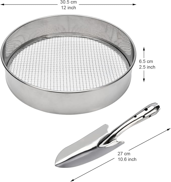 Soil Sieve Garden Potting Riddle Sieve Stainless Steel Soil Sieve Set, With 5 Interchangeable Filter Mesh Sizes 3,6,9,10,12mm and Bonus Spade