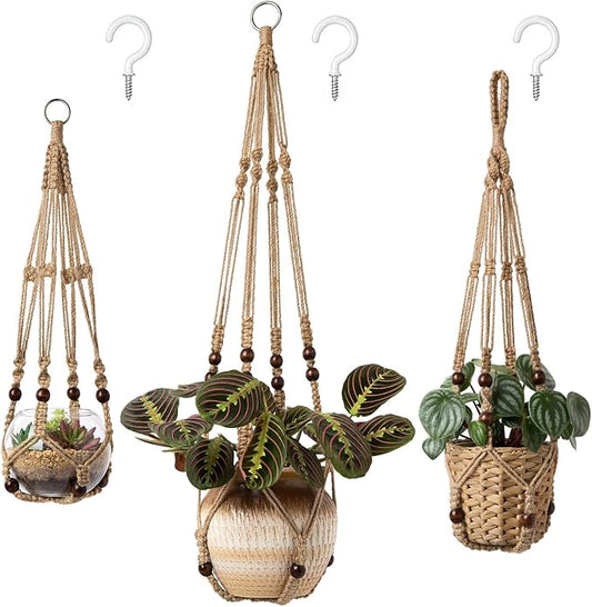 Mkono 3 Pack Macrame Plant Hangers Indoor Different Size Hanging Planter Basket Flower Pot Holder with Beads No Tassels 35"/29"/23", Medium, Brown