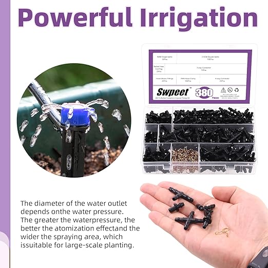 Swpeet 380Pcs 6 Types Barbed Connectors Irrigation Fittings with 7mm Single Wire Hose Clamp Kit, Straight Barbs, Single Barbs, Tees, lbows, End Plug, 4-Way Coupling Drip Irrigation Barbed Connectors