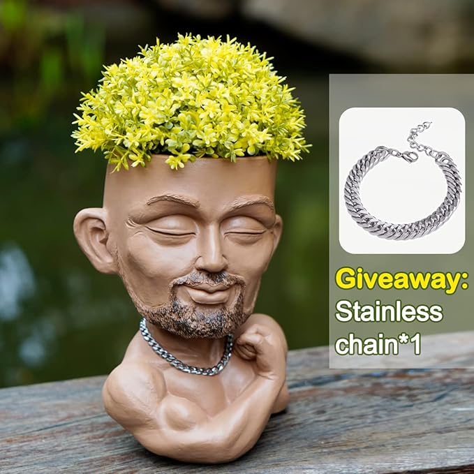 Beefcake Face Planter Pots Head Planter Man Face Planters Pot Head Face Flower Pot Head Planter with Drainage Hole Mscular Man(Brown)