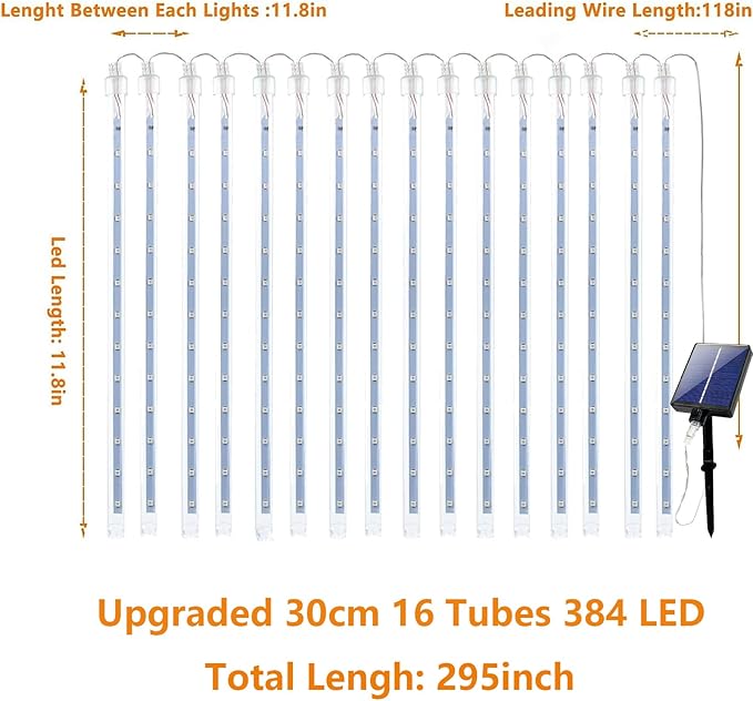 Solar Meteor Shower Lights,Solar Christmas Lights Outdoor Waterproof,16 Tubes 384 LEDs (Equivalent to 2 Sets of 8-Tube) Icicle String Light,LED Rain Drop Light for Tree Garden Decoration (Cool White)