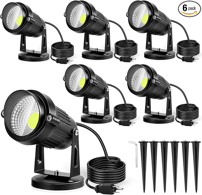 LemonBest Landscape Lights - 5W 110V Outdoor Spotlight - Waterproof IP65-3000K Cool White LED Landscape Lights - 5ft Cable for Yard Garden Patio Driveway House (Include Spike) (6 Pack)