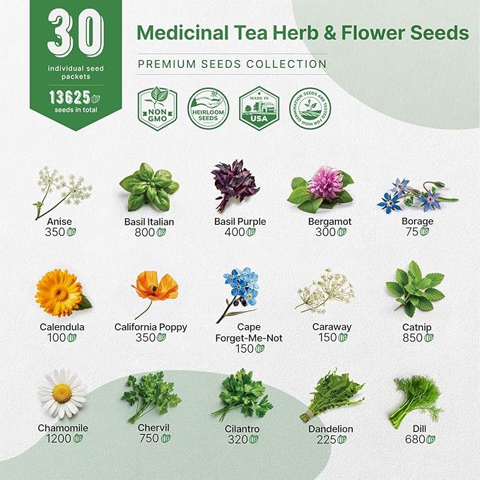 30 Medicinal Tea Herb & Flower Seeds Variety Pack - 13600+ Non-GMO Heirloom Flower Seeds for Outdoor and Indoor Home Gardening, Including Bergamot, Dill, Catnip, Calendula, Dandelion, Lovage, Zinnia