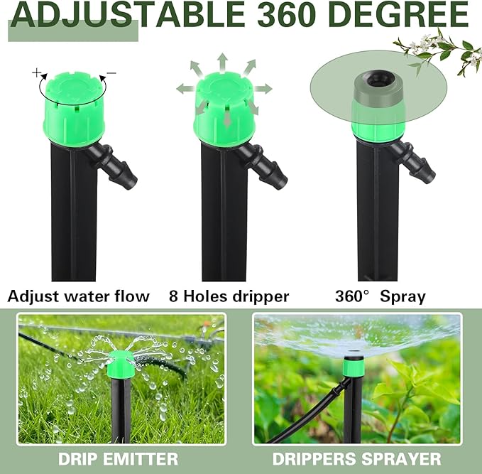 32 Pcs Drip Irrigation Emitters Drip Emitters for 1/4 Inch Tubing Irrigation Drippers Sprayer Adjustable 360 Degree Water Flow Drip for Garden Lawn Flower Bed Irrigation System (Green)