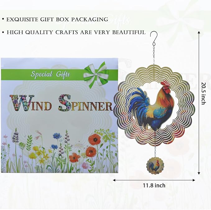 Rooster Wind Spinners 3D Hanging Wind Spinner Outdoor Clearance for Yard and Garden Decor 12inch Chicken Gifts for Women Mom