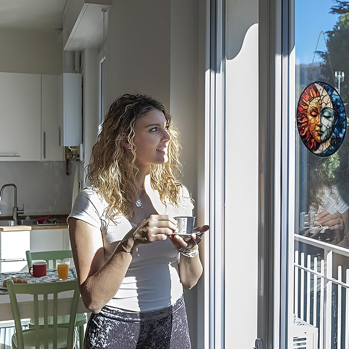 Sun and Moon Decor Suncatcher Stained Glass Window Hanging - Handmade Stained Glass Suncatchers Hanging Decoration with Metal Chain - Outdoor Garden Decor Gift for Women Christmas Thanksgiving Gifts