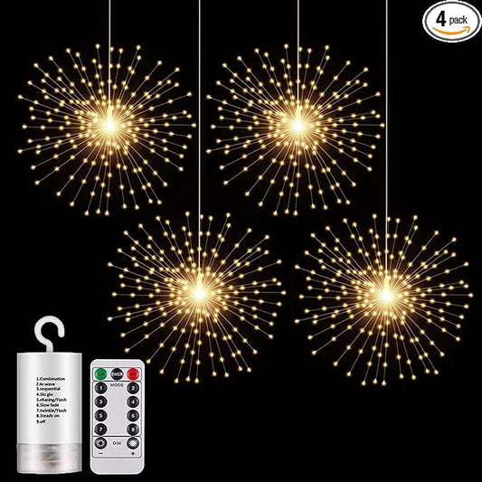 4 Pack 800 LED Starburst Sphere Lights, Battery Operated Firework, 8 Modes Dimmable Remote Control Waterproof Hanging Fairy, Copper Wire for Patio Parties Christmas (Warm White)