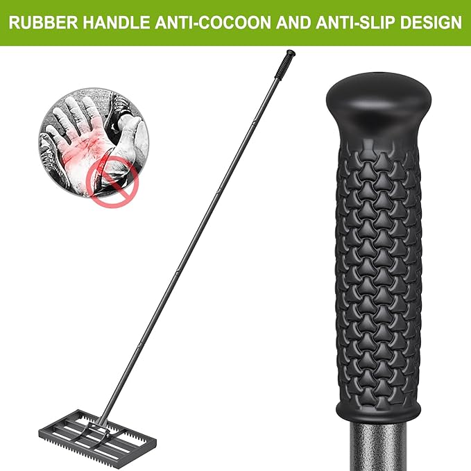 Lawn Leveling Rake with Rounded Edges, 17x10'' Leveling Rake with Tines to Level The Lawn, Heavy Duty Lawn Leveling Tool with 77'' Adjustable Handle to Make The Lawn Leveling Job Much Easier