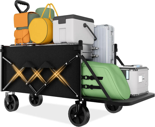 Favoyard Collapsible Wagon Carts with Extended Tailgate, Foldable 130L & 330LBS Portable Folding Wagons with All - Terrain Wheels & Drink Holders for Shopping, Garden, Camping & Beach, Black