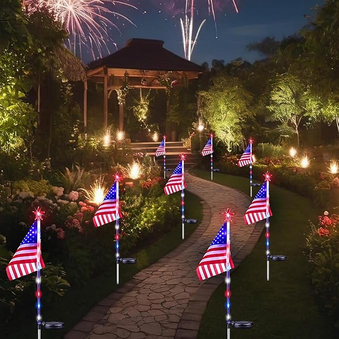 4th of July Decorations Outdoor Solar Lights, 2 Pack Red White and Blue Star Lights for National Day with American Flag, 2 Modes Waterproof Solar Patriotic Light for Independence Memory Day Yard Path