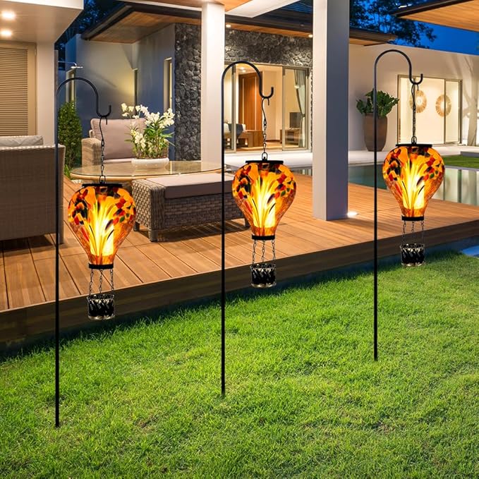 Starsoul Hot Air Balloon Solar Lantern Tie-Dye Style Glass Outdoor Hot Air Balloon Solar Flickering Flame Light Waterproof Hanging Lantern for Garden Yard Patio Decor