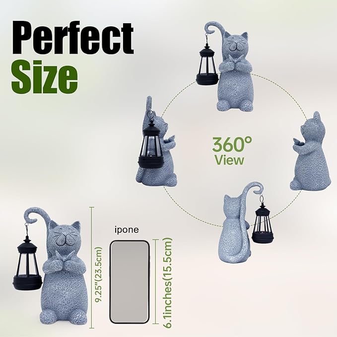 Cat Garden Statue Solar Lights Outdoor-Resin Cat Figurine for Garden Patio Balcony Porch Yard Decor, Halloween Decorations, Birthday Gifts for Women Mom Grandma, Cat Lover Housewarming Gifts