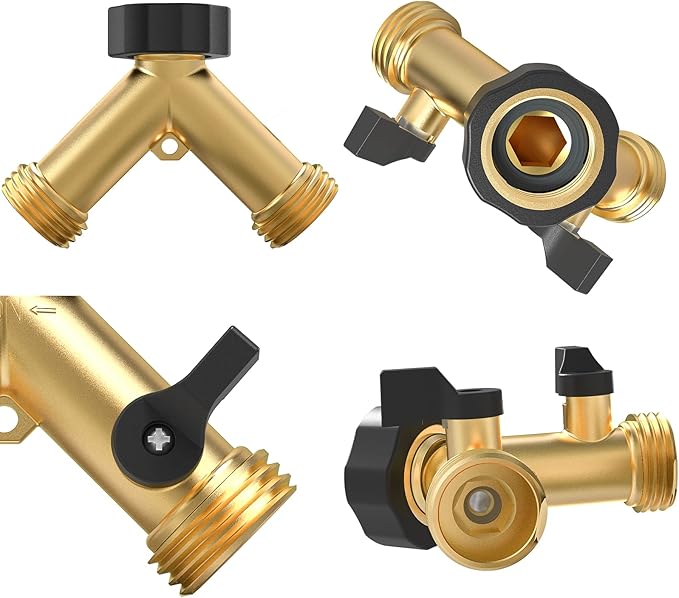Twinkle Star Garden Hose Splitter 2 Way Heavy Duty, Y Connector Brass Garden Hose Adapter, Hose Bib Splitter with 2 Extra Rubber Washers, Water Hose Splitter, Hose Spigot, Connectors & Accessories