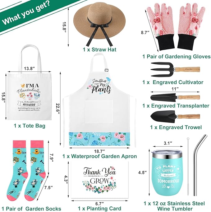 Toulite 10 Pcs Gardening Kit for Women Gardening Tool Set Gardening Gifts for Women with Planting Tools Straw Hat Floral Apron Glove Gardening Gift Basket Cup with Straw for Plant Lover Women