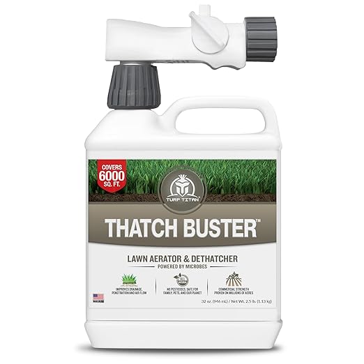 Turf Titan Thatch Buster All-Natural Lawn Aerator & Grass Dethatcher - Hose End Liquid Soil Loosener & Conditioner for Green Grass (32 oz), Healthy Soil in 45 Days - Covers 6,000 sq feet