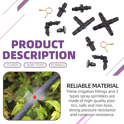 Swpeet 380Pcs 6 Types Barbed Connectors Irrigation Fittings with 7mm Single Wire Hose Clamp Kit, Straight Barbs, Single Barbs, Tees, lbows, End Plug, 4-Way Coupling Drip Irrigation Barbed Connectors