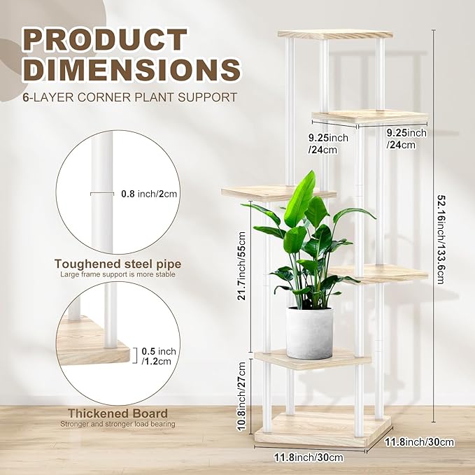 6 Tier Wood Tall Plant Stand Metal Rack Indoor, Multiple Flower Pot Holder Shelves Corner Rack, Planter Shelf Display Rack Storage Organizer for Patio Living Room Balcony Garden(White Oak)