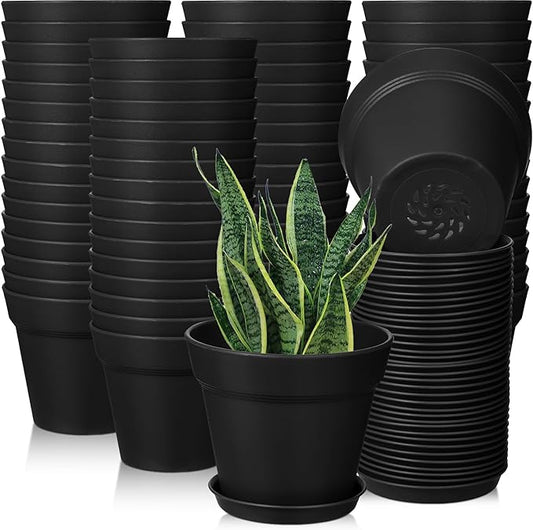 Mumufy 54 Pack 4 Inch Plant Pots Bulk Small Planter with Drainage Hole and Saucer Small Plastic Pots for Flowers Succulent Cactus and All House Indoor(Black)