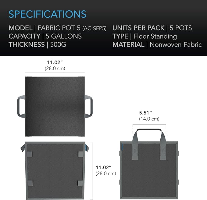 AC Infinity Square Heavy Duty Fabric Pots, 5 Gallon Aeration Reusable Grow Bags 5-Pack with 500G Thick Nonwoven Fabric and Plant Stake Loops, for Garden Growing Fruits, Vegetables, and Flowers