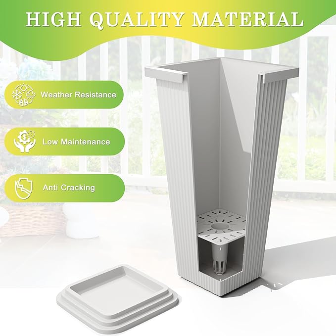 Set of 2 Large Tall Planter for Indoor or Outdoor 24" Tall Flower Pots Tapered Tall Planters with Tray for Porch, Patio, Backyard, Large Planters for Outdoor Indoor Plants(White,Striped)