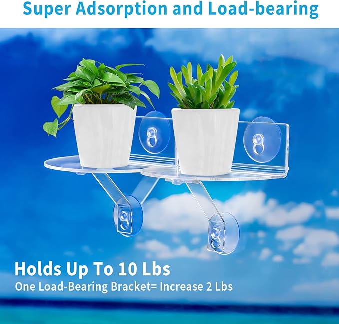 2-Pack Acrylic Window Plant Shelves with Suction Cups & Support Brackets - Semicircular Window Sill Extender for Herb Pots, Succulents, Flower Boxes, Micro Greens | Indoor/Outdoor Use