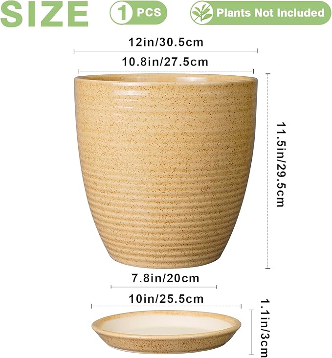 Ceramic Plant Pot 12 Inch - Large Planter for Indoor Plants Outdoor Flower Pot with Drainage Hole and Saucer Round Decorative Planter for Home Patio Garden Balcony Yellow