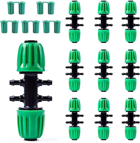 Kalolary 10PCS Barbed Tee 1/2 inch to 1/4 inch Irrigation Tube Anti-Drop Premiun Quality Fitting (fits 13mm ID/ 4mm ID), 16mm PE Pipe Lock Female Connector to 47 Pipe Variable Diameter Six-Way Adapter