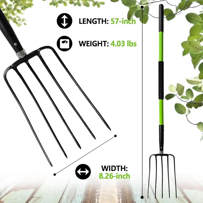 Pitch Fork-57 Inch，5-Tine Steel Garden Fork Heavy Duty, Mulch with Cushion Grip, Green Fiberglass Handle