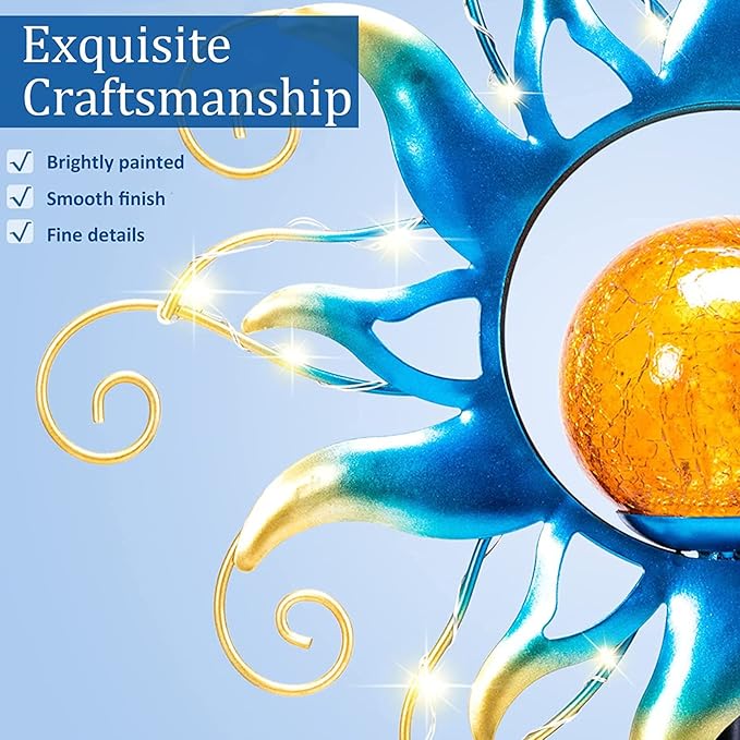 Solar Lights Outdoor Garden Decor, Blue Metal Sun Crackle Glass Globe Stake Waterproof 30LED Decorations Unique Gifts for Women,Mom,Outside, Patio,Lawn,Yard,Pathway