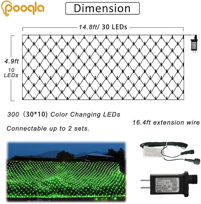 Pooqla 14.8x4.9 Ft Net Lights, 300 LED Christmas Outdoor Green Lights With 8 Modes, Connectable Waterproof Mesh String Fairy for Bushes Tree Garden Halloween Decor