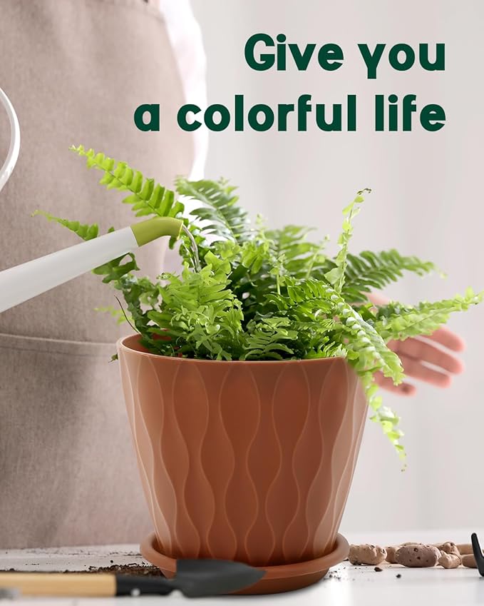 6 Inch Indoor Planter Pots with Drainage Hole and Tray Saucer,Flower Pots for Indoor Outdoor Garden Plants and Flowers, Multicolor, 5 Packs