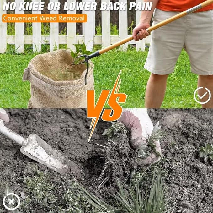 Stand Up Weed Puller Tool with Long Handle, 3-Section Bamboo Construction & 4-Claw Steel Head Design, Easily Remove Weeds Without Kneeling