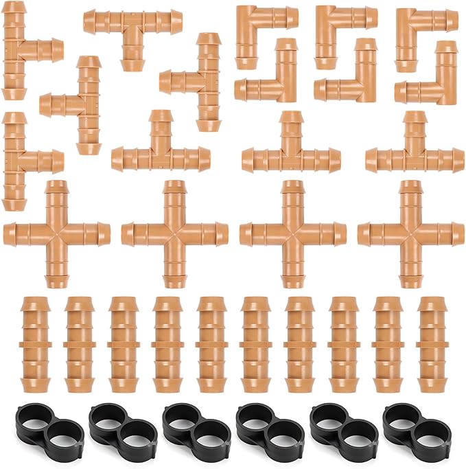 1/2 Inch Drip Irrigation Fittings, 34 Pieces Kit 1/2 Inch Tubing Connectors Includes Couplings Tees Elbows Crosses Plugs Drip Line Quick Connect Barbed Connectors for Drip Systems
