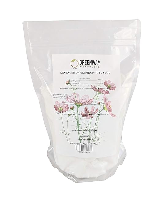 Greenway Biotech's Monoammonium Phosphate Fertilizer 12-61-0 Contains 12% Nitrogen and 61% Phosphorus- The Ultimate Plant Growth and Blooming Enhancer for Hydroponics and Soil Use - 5 Pounds