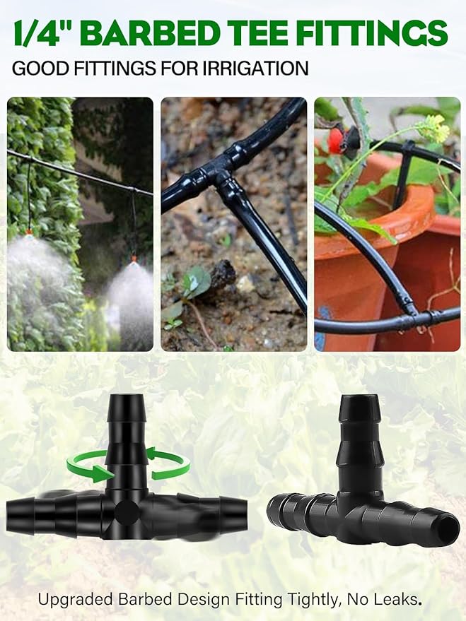 Kalolary 100PCS 1/4" Universal Barbed Tee Fittings, 1/4 Inch Barbed Tee Connectors Drip Irrigation Fittings for 4mm/7mm Water Tube Parts Drip Irrigation Hose Connector Watering System