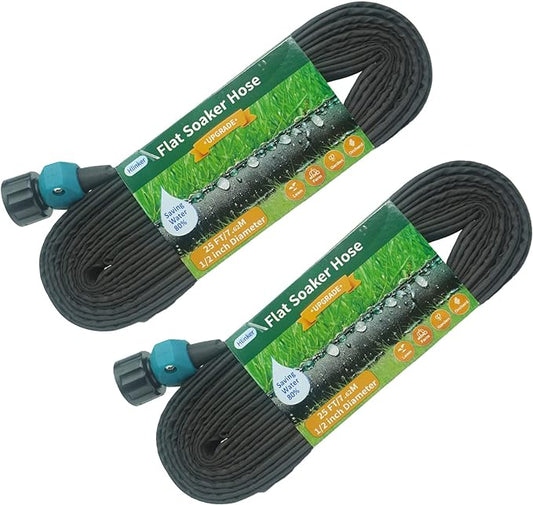 Flat Soaker Hose 25 50 FT for Garden Beds, 50Ft (25FT X 2) 1/2" Linkable Consistent Drip Irrigation Hose Save 80% Water, Leakproof Heavy Duty Double Layer Sprinkler Hose