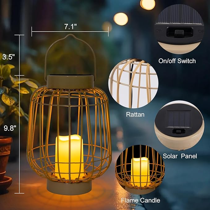 Solar Lanterns,Outdoor Solar Rattan Lanterns with Flameless Candles,Hanging with Handle Solar Lamp Decorative for Porch Garden Patio Pathway Deck Yard