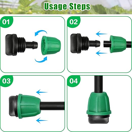 JAYEE Drip Irrigation Fittings 1/4 Inch, Barbed Locked End Plugs for ¼ in. Tubing, 25 Pcs Drip Line Parts Irrigation End Closure with Locked Nuts for Garden Lawn Sprinkler Systems, Green