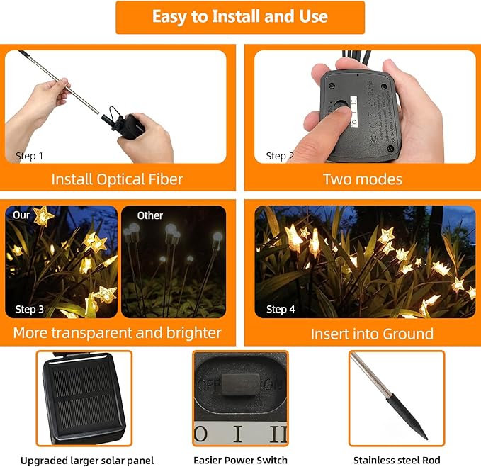 2 Pack Star Solar Firefly Lights, Outdoor Waterproof Garden Lights,Decorative Lights, Flexibility Swaying Lights for Pathway Yard Walkway Patio Decoration, Warm White