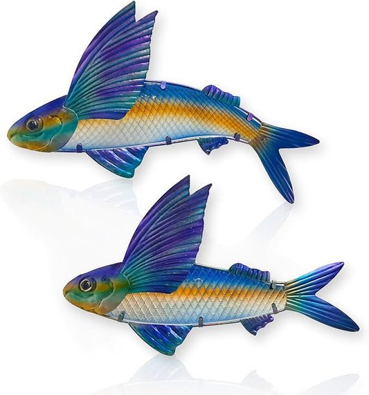 LIFFY Metal Fish Wall Decor -Outdoor Metal Fish Wall Decor - Indoor Art Sculpture - Hanging Decorations for Home, Garden, Bedroom, Sculptures, Ocean, Pool(Flying Fish Set 2,15 inch)