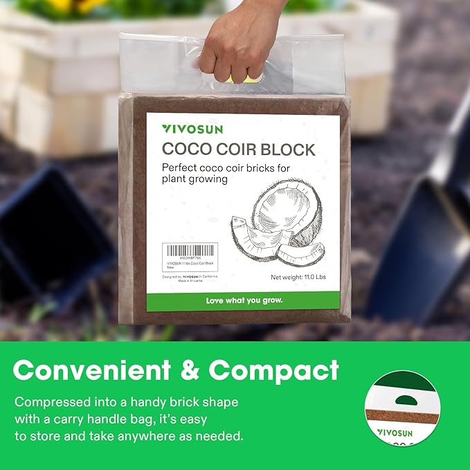VIVOSUN Coco Coir Brick, 11lbs 100% Natural Organic Compressed Coconut Coir Fiber with Low EC, PH Balance & High Nutrition, Coconut Fiber Substrate, Coconut Soil for Plants