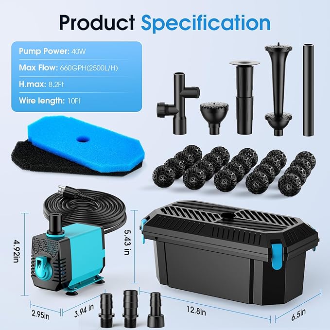 POPOSOAP Pond Filter with Pump Fountain Kits, 660GPH Pond Filter with 40W Pond Pump & Fountain Kit, Koi Pond Filters for Outdoor Ponds Clean, Clear, and Add Water Features(Corded Electric)