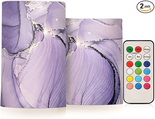Flickering Flameless Candles, Purple Marble Lavender Liquid LED Candles with Remote Timer, Set of 2 Battery Operated Candle for Valentine Wedding Birthday