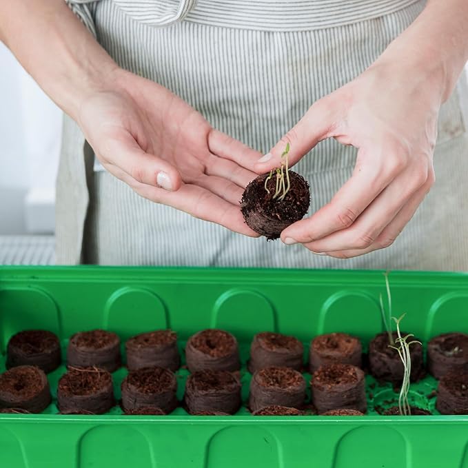 ZeeDix 50 Pcs 40mm Peat Pellets Seed Starter Soil Pods Plugs for Vegetable, Compressed Peat Nutrient Seedling Soil Block for Planting Easy Transplant with 50 Plant Labels & 2 Garden Tools