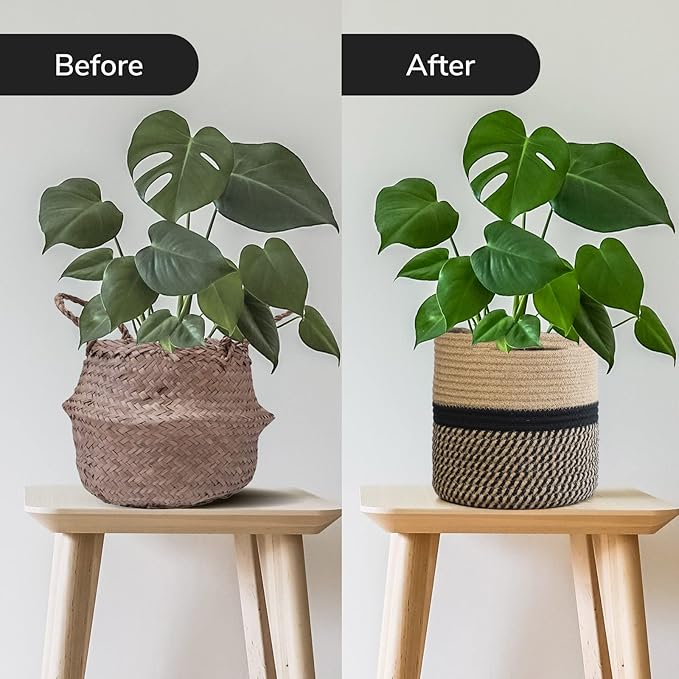 TIMEYARD Sturdy Jute Rope Plant Basket Modern Woven Basket up to 7.5 Inch Flower Pot Floor Indoor Planters, 8” x 8” Storage Organizer Basket Rustic Home Decor, Black Stripes