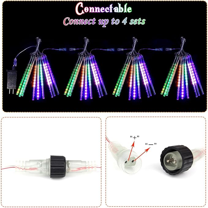 Outdoor Halloween Lights, 2-Pack Meteor Shower Lights Outdoor Waterproof, Total 432 LED 18 Tubes Snow Cascading String Lights Plug in for Party Garden Halloween Decorations (Orange Purple and Green)