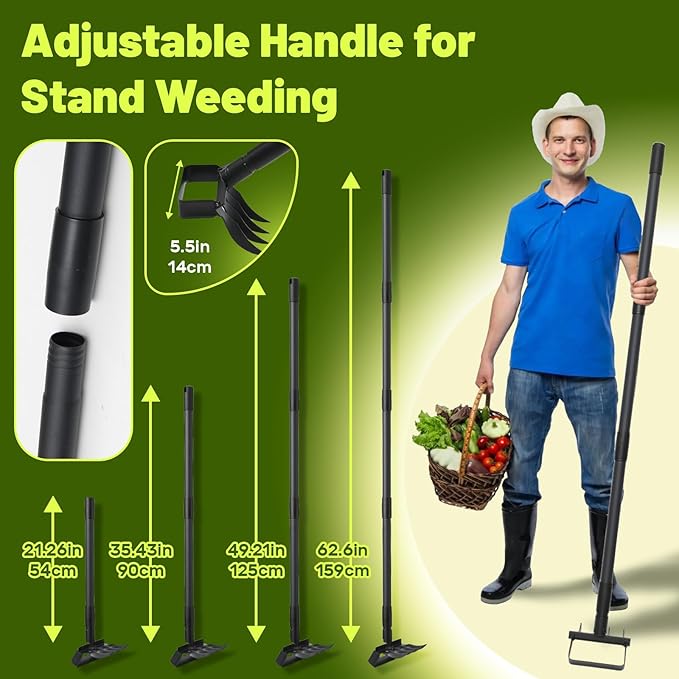 Stirrup Hula Garden Hoe with 4 Tines Rake, 2 in 1 Yard Weed Puller Gardening Weeding Tools, Garden Tiller Cultivator with 62.6" Adjustable Handle for Garden Weeding,Seeding,Ditching,Loosening Soil