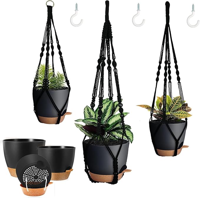 3 Pack Self Watering Hanging Planters Macrame Plant Hangers with Indoor Flower Pots, 3 Different Size Hanging Basket, Plant Hanger with Hooks for Garden Home Decor Black